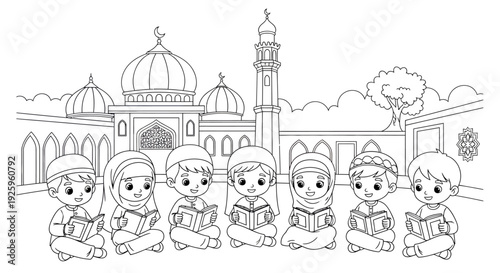 Children praying in front of a mosque with minarets and domes