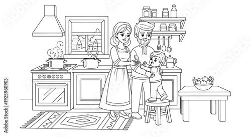 Family Cooking Time in Cozy Kitchen Illustration
