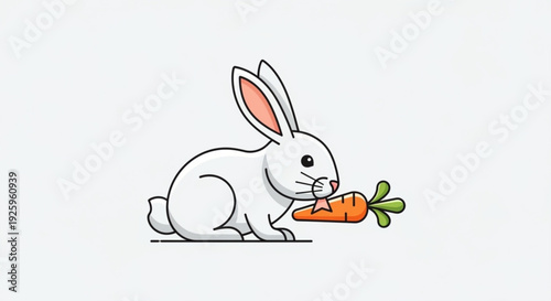 Cute white rabbit eating a fresh orange carrot on a clean background simple illustration