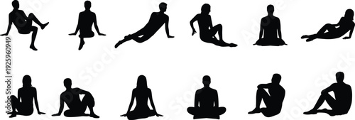 Set of male and female sitting silhouettes in various relaxed poses isolated on white background, black vector illustration collection for lifestyle and body language design