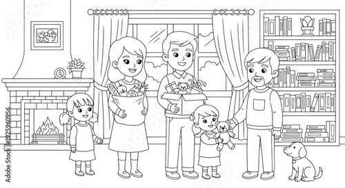 Family Group Portrait in Cozy Living Room Scene