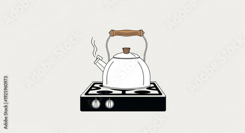 Whistling kettle on stovetop with steam rising simple illustration of kitchen appliance