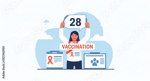 Woman holding vaccination sign with red ribbon and medical records promoting health and immunization