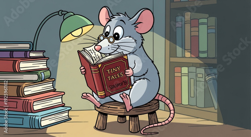 Cute cartoon mouse reading a book sitting on stool with stack of books and lamp in background