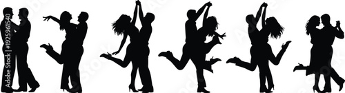 Silhouette collection of romantic couples dancing and embracing, expressing love, passion, relationship bonding, joyful movement, celebration moments, romantic partnership, 