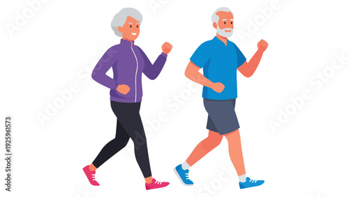 Active Seniors Walking – Older Adults Exercising in Athletic Wear, Flat Vector Illustration on PNG Background, active seniors, older adults walking, light jogging, senior fitness, healthy lifestyle, 