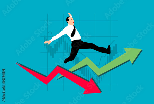 A 3d illustration of a businessman running up a red arrow on a financial stock market graph to show success and investment growth