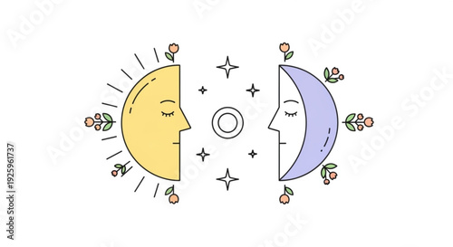 Sun and moon faces with floral elements in space