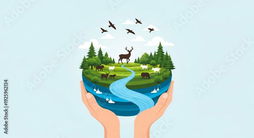 Hands cradling a vibrant eco globe with wildlife trees river and animals in a serene natural landscape with birds flying overhead