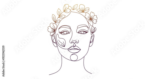 Woman face line art with floral crown and makeup design on white background