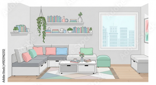 Modern living room with gray sofa colorful pillows city view and minimalist decor