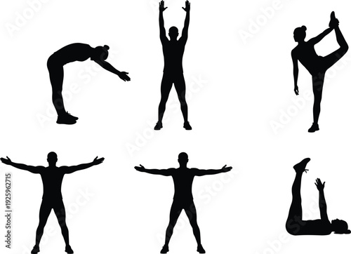 Silhouette set of people performing stretching exercises representing fitness routine, warm up workout, flexibility training, healthy lifestyle activity, and physical exercise concept.