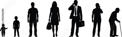 Silhouette timeline of human life stages from baby to elderly person, representing growth, aging process, generational development, lifestyle evolution, and life cycle concept.
