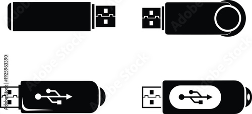 WeUSB flash drive silhouettes showing different angles, representing portable data storage device, digital memory technology, file transfer tool, computer accessory, and information backup concept.b