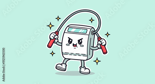 Cute cartoon calculator character with raised arms.