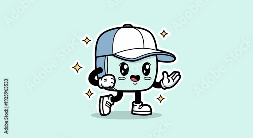 Cute cartoon robot character wearing cap performing dance.