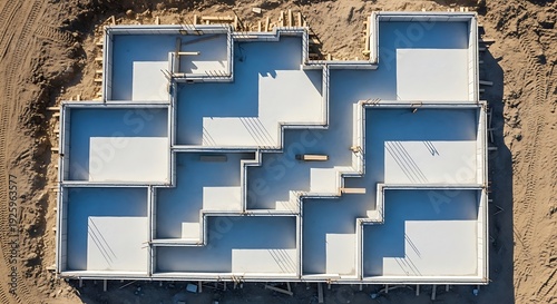 Elevated view of a poured concrete foundation for a new home build site