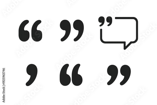 Set of black quotation mark and apostrophe icons in various styles, including a speech bubble with quote, displayed on a transparent background for typographic and UI use