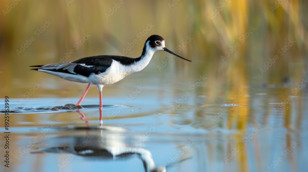Obraz premium Side view of a Black-necked Stilt with distinctive markings and bright pink legs wading in shallow water, showing a clear reflection against a softly blurred, warm-toned landscape.