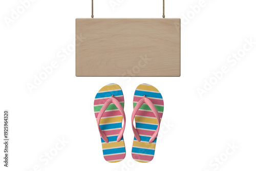 Colorful flip flops and blank wooden sign for summer advertising