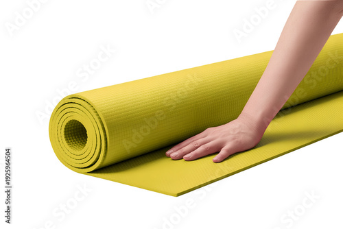 Woman rolling out a bright yellow yoga mat on the floor isolated on transparent background