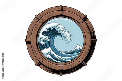 Ocean wave viewed through vintage ship porthole illustration