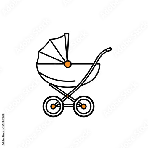Retro baby stroller side view, minimal pram vector isolated on white