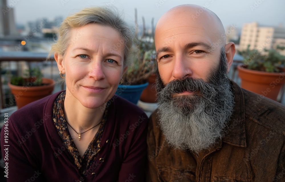 Obraz premium Couple in a Balcony filled with plants in city.