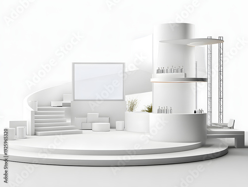 Contemporary white trade fair stand with stairs display screen and rounded reception desk