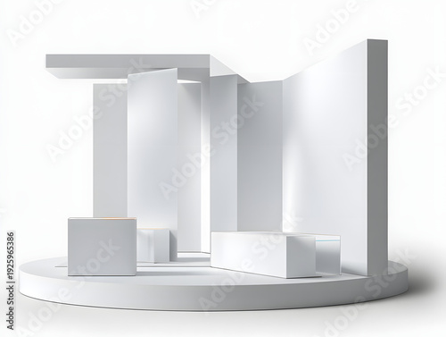 Geometric white stage platform with tall panels and block podiums for promotional setup
