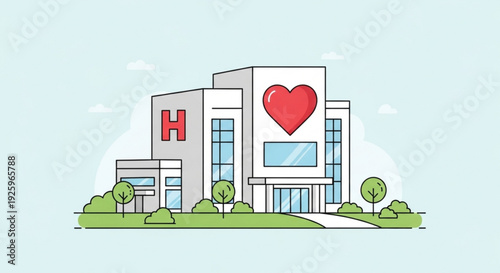 Modern hospital building with red heart and h symbol on facade surrounded by greenery and pathway conveying healthcare and medical services