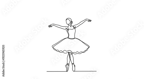 Elegant ballerina in graceful pose with outstretched arms and flowing skirt captured in a single line drawing