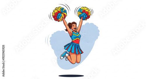 Cheerleader in mid air jump with pom poms wearing blue and red uniform against white background with light blue splash effect