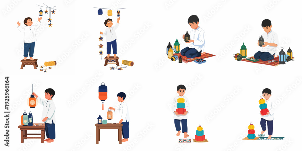 Fototapeta premium Young boy preparing and decorating with colorful traditional lanterns and star garlands for a festive celebration like Eid or Ramadan, illustrating cultural joy and preparation.