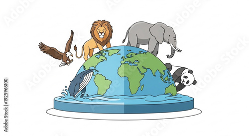 Animals surrounding earth globe with lion elephant panda eagle and whale