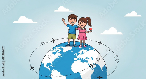 Children standing on globe embracing surrounded by flying airplanes and hearts symbolizing global friendship unity and travel against a serene blue sky with white clouds