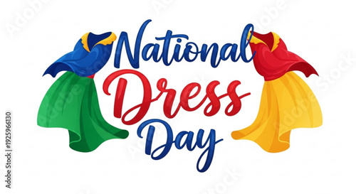 National dress day celebration with colorful dresses and text on white background for cultural events