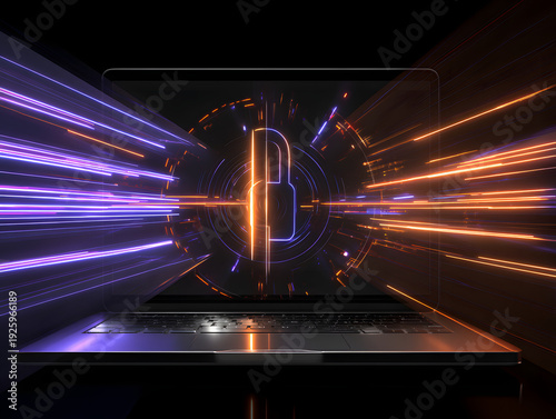 Futuristic notebook computer with split neon padlock and high speed data streams