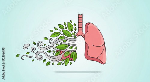 Healthy lung with green leaves and vines emerging symbolizing clean air and respiratory wellness on a light blue background with natural
