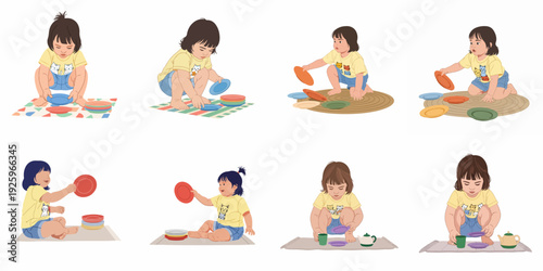 Toddlers engaged in playful learning activities with colorful toy dishes and a tea set, developing fine motor skills, concentration, and early cognitive abilities through Montessori-inspired play.