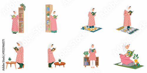 Muslim Woman Reading Quran at Home: Illustrations of Devotion, Study, and Spiritual Practice in Various Indoor Settings.