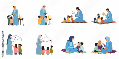 Islamic culture and education: Muslim women teaching and celebrating with children, featuring Quranic stories, music, and festive decorations for Ramadan and Eid.