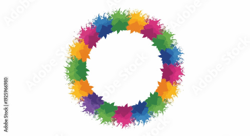Colorful illustration of a circular frame with fuzzy, multicolored shapes for Holi Festival celebration on a white background