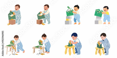 Adorable babies playing with money, illustrating early financial concepts like saving, spending, and wealth management. A playful approach to childhood financial literacy.