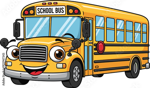 Cute cartoon school bus character with smiling face representing children transportation, education travel, safe student commute, playful vehicle mascot, and colorful learning illustration concept.