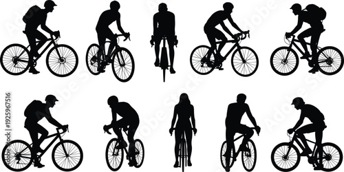 Cyclist silhouettes collection featuring road bike riders in various racing and commuting poses, active lifestyle concept, sports training illustration isolated on white background.