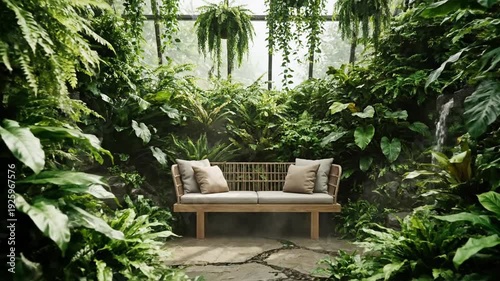 Serene greenhouse with a waterfall and a bench, lush greenery, and hanging plants.
