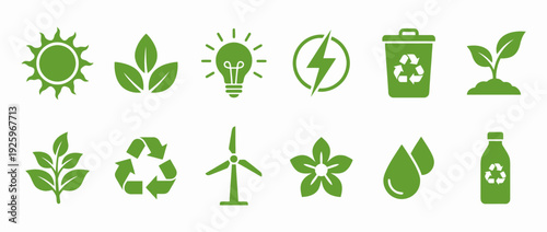 Eco friendly icons for sustainable living and green technology solutions