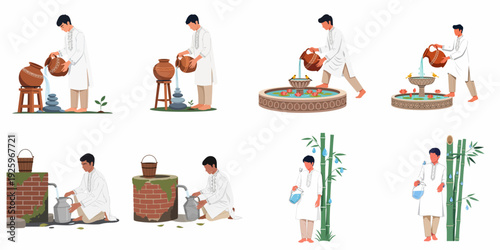 Man in traditional attire demonstrates water practices: watering plants, tending fountains, drawing from wells, and appreciating nature's resources, symbolizing conservation and daily hydration.