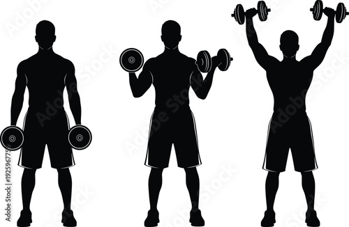Fitness man silhouette lifting dumbbells performing bicep curls and shoulder press exercises representing bodybuilding training, strength workout routine, gym athlete 